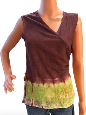 Brown Sleeveless Wrap Tank with Green Tie-Dye Hem